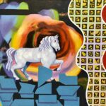 Oil painting: White horse with blue tiles