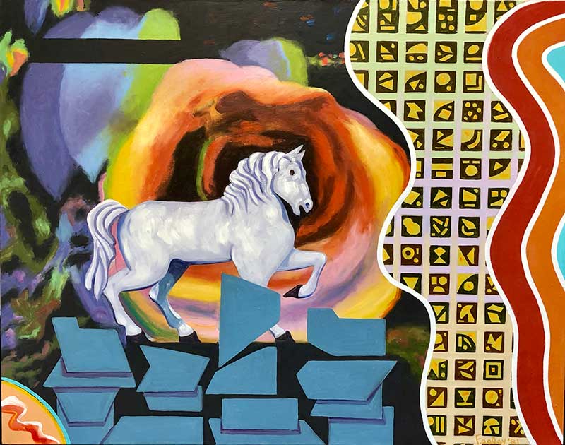 Oil painting: White horse with blue tiles