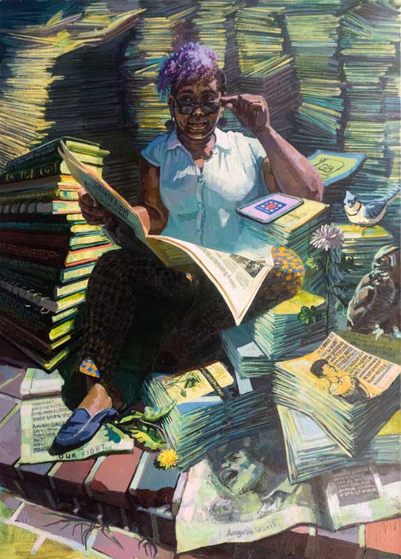 woman sitting with books and news papers