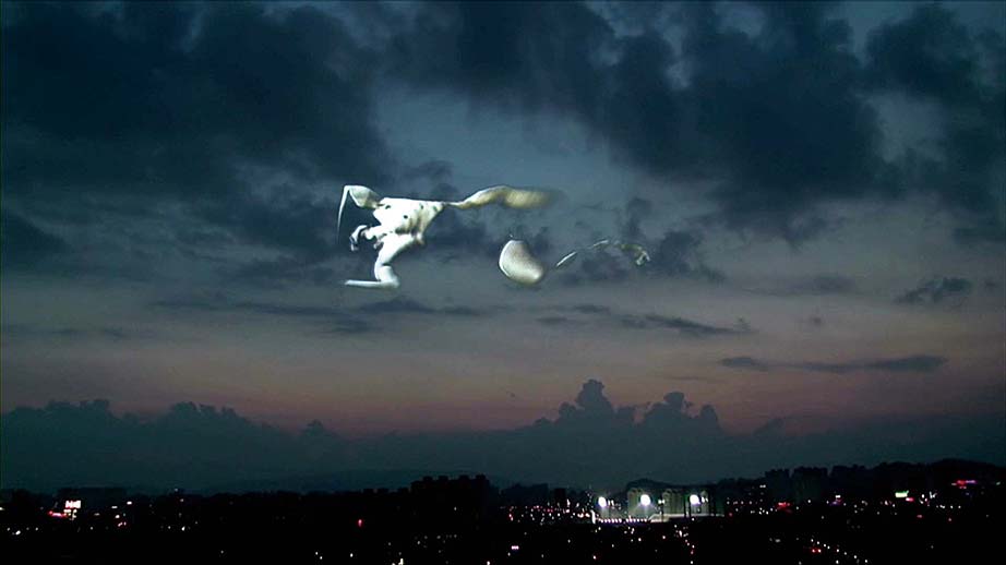 video projected artwork floating wall with night sky