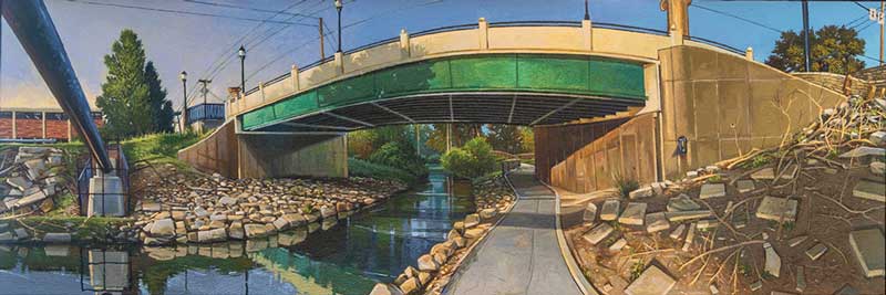 Oil painting of bridge spanning over river with stone banks.