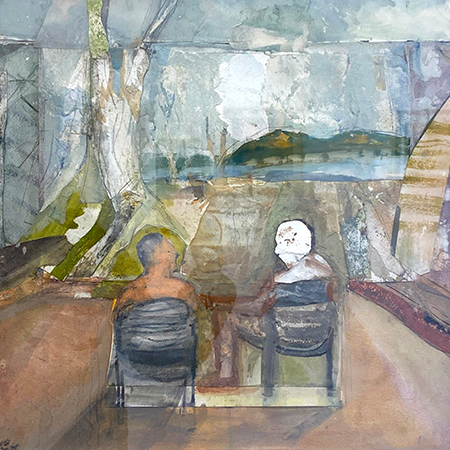 A collage with two figures seated in chairs