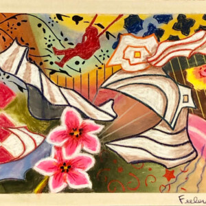 pastel drawing with pink flowers