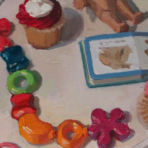 oil painitng of toys and cupcakes