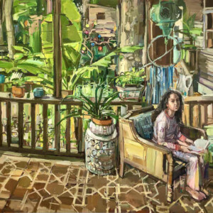 oil painting of person sitting on porch, artist: Francis Sills