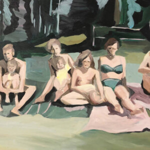 Family sitting on grass, sun bathing, artist: Matilda Forsberg