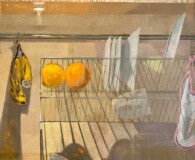 Dish draining rack with dishes and oranges.