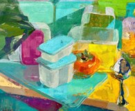 Storage containers, tomato and serving spoon.